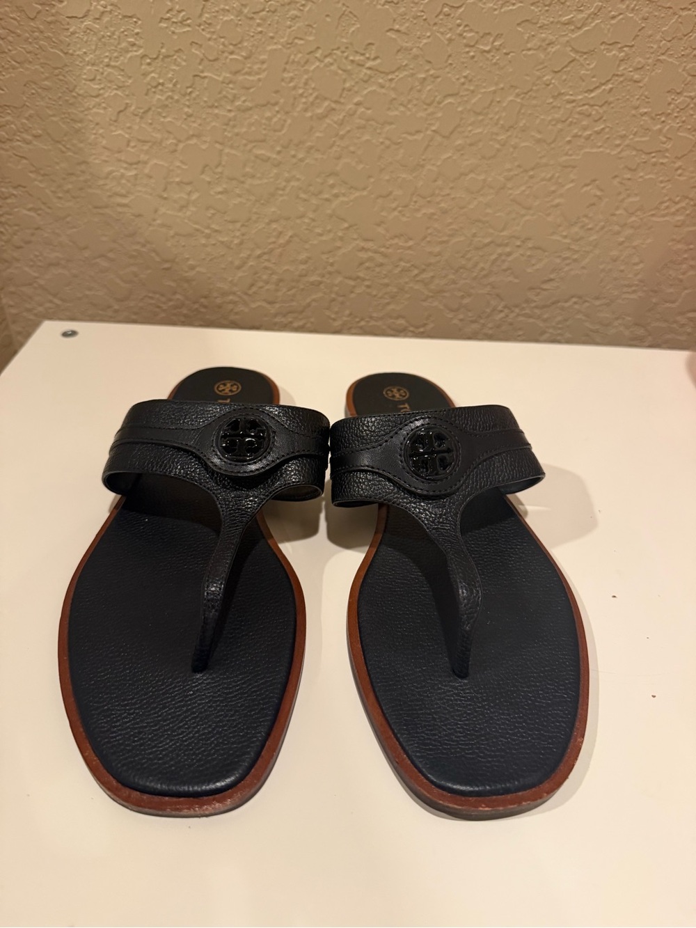 Tory Burch Black Leather Logo Toe-Post Sandals